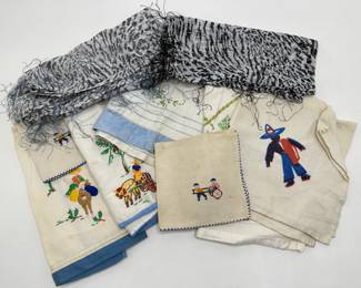 Vintage Linen Napkins, Mostly Embroidered & 2 New Scarves With Metallic Accents (9 Pieces)
Lot #: 151