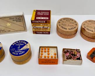 6 Boxes Of Vintage Tacks, Bakelite Pencil Sharpeners, Gummed Stars & More
Lot #: 77