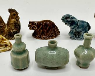9 Miniature Stoneware Figurines Including Wade Whimsies Animals & Mini Bottles
Lot #: 78
