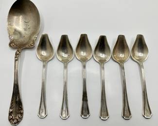 6 Vintage English Sterling Silver Spoons & Monogramed Sterling Serving Spoon
Lot #: 31
