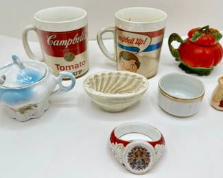 2 Vintage Condiment Bowls With Spoons, 2 Campbells Soup Plastic Mugs, Nippon Bowl & Other Small Kitchen Items
Lot #: 136