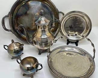 Etched Sterling Silver Plate, FB Rogers Silver Plate Tea Set & Silver Plate Pedestal Dessert Platter
Lot #: 22