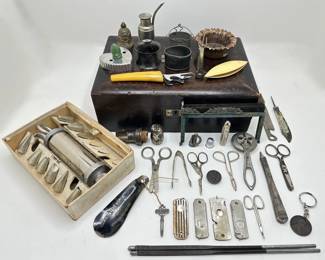 Vintage Cake Decorating Kit, Wood Box With Mirrored Interior, Scissors, Razors & Other Metal Tools (over 30)
Lot #: 74
