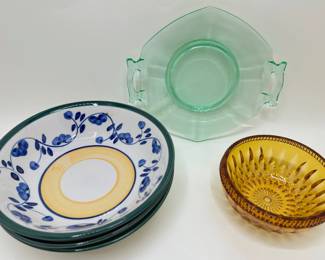 Green Depression Glass Plate, Amber Glass Bowl & 3 Ceramic Salad Bowls
Lot #: 133