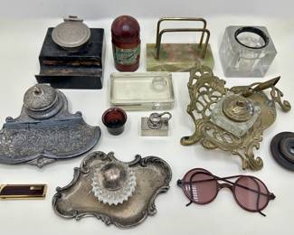 Antique & Vintage Inkwells Including Sterling Silver, Colibri Lighter & Other Desktop Items
Lot #: 24