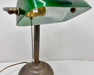 Vintage Brass Bankers Desk Lamp Green Glass Shade Library Light
Lot #: 13