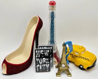 Glittery Red Shoe Figurine, Taxi, Restoration Hardward Eiffel Tower, New New York City Playing Cards & More
Lot #: 92