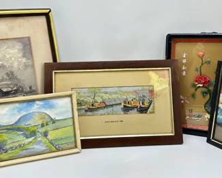 Vintage Woven Art Of Canal Boats, 2 Original Watercolors, Jadeite Carving & Vintage Framed Ad
Lot #: 65