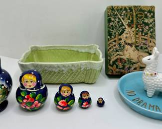 Vintage Cookson 626 Planter, Russian Stacking Doll, Llama Jewelry Tray & Unicorn Box
Lot #: 79