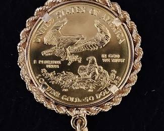 1986 Golden Eagle $50 Dollar Gold Coin w/ 14K rope bezel w/ 14k rope chain.