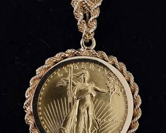 1986 Golden Eagle $50 Dollar Gold Coin w/ rope bezel and rope chain.
