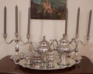 Danish Crown by Hermann Bauer Sterling Silver Tea Service w/ matching Sterling Silver Candelabra ( not weighted)