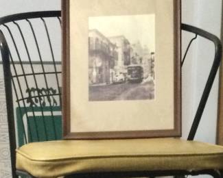 Vintage black metal chair, vintage framed photo