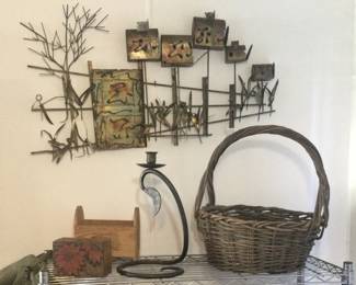 Sculpture, vintage basket, wrought candlestick, boxes