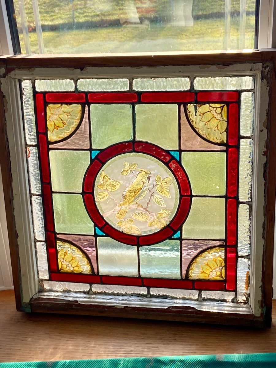 Antique Stained Glass Window Framed/ with lead with Bird prints in center