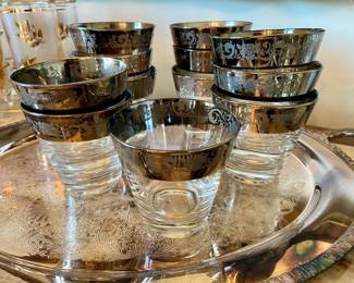 Vintage MCM Vitreon Queens Lusterware Silver Filigree and fade Rocks Glasses set of 12