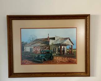 Coca Cola  gas station framed print, signed by Bill Barrick  1978