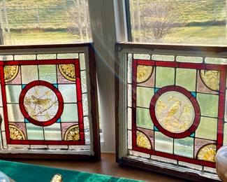 Antique Stained Glass Window Framed/ with lead with Bird prints in center