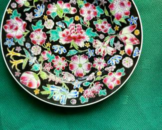 Vintage Chinese Mille Fleur Famille Noir Black, Jewel Tone Plate