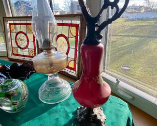 Antique Ornate Victorian Ewer, Oil Lamp in back