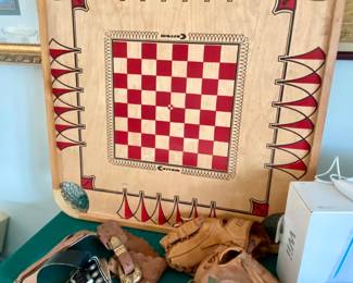 Carrom Industries Vintage Double Sided game board, Michigan/checkerboard 100 games in all, vintage baseball gloves and play holsters