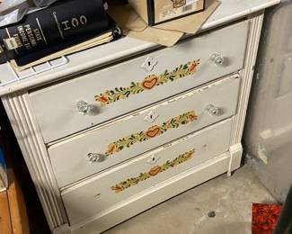 Vintage 3-drawer white floral print dresser