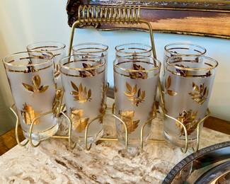 1960's 8/8oz Libbey Golden Foliage Highball Glasses, with Caddy