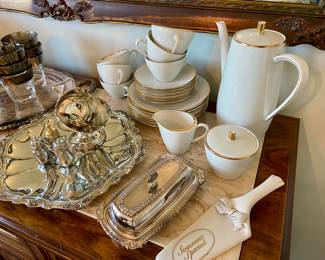Seltmann Weiden K. Bavaria, Western Germany Coffee Set, Coffee Pot, Creamer, Sugar, 6 cups, saucers, and snack plates, Silver plate server, Butter dish, 