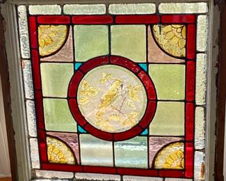 Antique Stained Glass Window Framed/ with lead with Bird prints in center