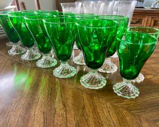 Vintage 1960's Anchor Hocking Bubble base Forest Green Glasses 10 water, 2 wine