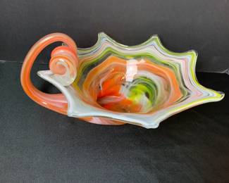 Hand Blown Glass Cornucopia Bowl With Curled Handle