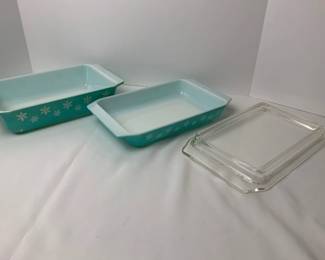 Two Turquoise Snowflake Pyrex Casserole Dishes