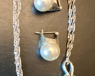 Sterling Silver & Pearl Earrings & Necklace