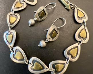 Sterling Silver & Brass Heart Earrings & Bracelet