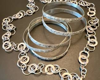 Sterling Silver Bangles & Interlocking Circles Necklace