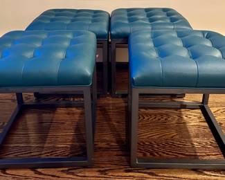 (4) Leather Ottomans, Aqua