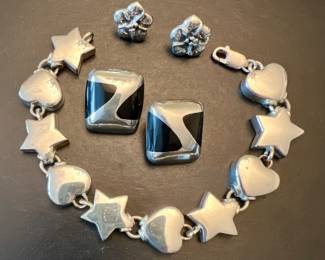 Sterling Silver Flower Earrings, Sterling & Onyx Earrings, & Heart/Star Bracelet