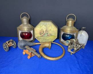 Brass horn, cannons, glass pot, ship lights, Brass bell