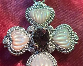 Large amethyst and carved pearl pendant in sterling