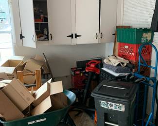 Wheelbarrow; cabinets; milk crates