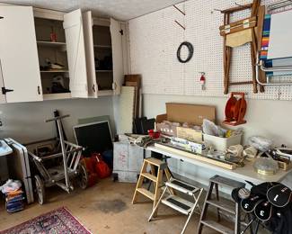 Step ladders, hardware, folding chairs,, scrap wood and peg board pieces