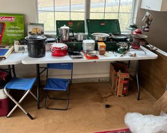 Camping stoves, cookware, seats, lanterns