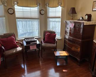 Chairs, drop-leaf table; clocks; barometer;