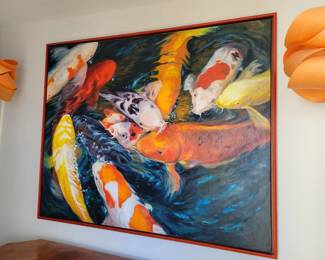 "Koi Pond" oil on canvas by Jami - signed- measures approx 62" W x 50" H - local artist