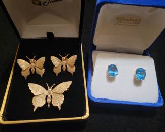 14k Gold Diamond Butterfly Earrings and Brooch Set , 14k Blue Topaz Earrings 