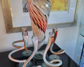 Blown art glass candlesticks and vase 