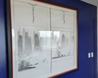2 Asian scroll ink on paper in shadow box Landscapes by Professor Xiao in China- measures approx 58" W x 53" H - Signed 