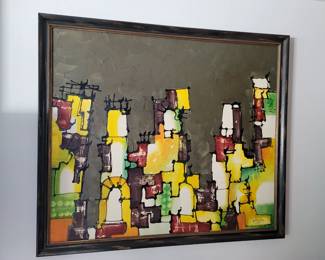 Abstract City Scape Brown - Oil on canvas signed by  Estaban - measures approx 59" W x 51" H