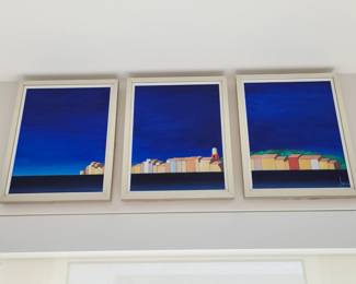 St. Troupe Triptych oil on canvas signed by Ilio Burruni - measures approx 38" W x 15" H  3 pc 