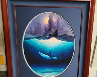 Wyland 992 AP Signed Numbered Lithograph - Great White Shark, Full Blood Moon -measures approx 32" W x 38" H